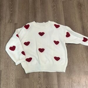 Heart Patterned White and Red Sweater